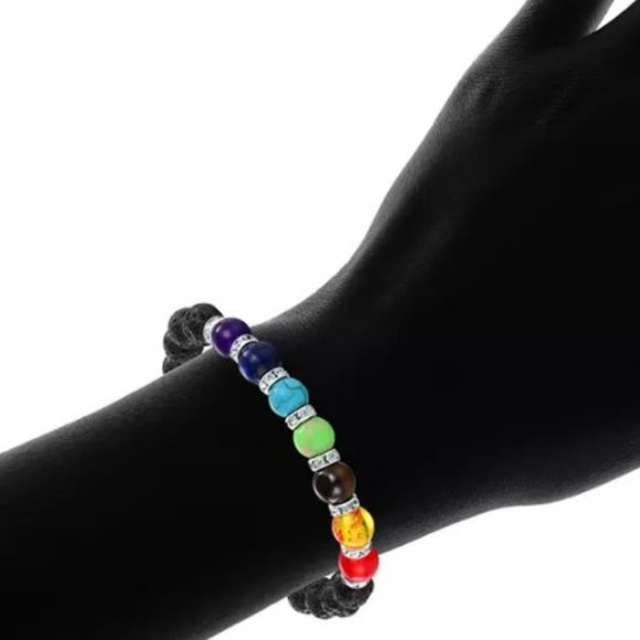 10mm Black Lava Rock 7 Charkra Stone Bead Stretch Bracelet - Picture 4 of 4